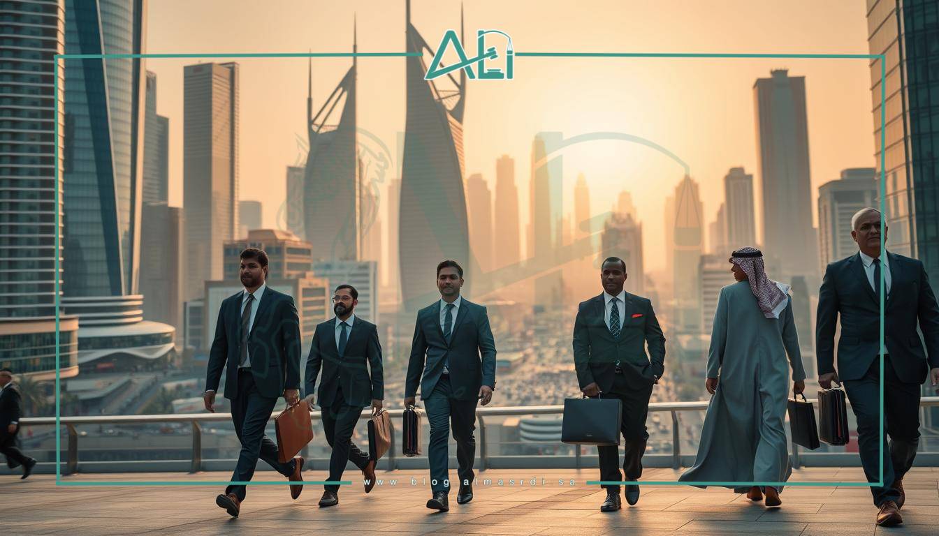 A bustling cityscape in Saudi Arabia, with towering skyscrapers and modern architectural wonders. In the foreground, a group of almasrdilaw lawyers in sharp suits stride purposefully, briefcases in hand, reflecting the dynamic nature of the legal profession. The middle ground showcases a thriving business district, alive with activity and innovation. In the background, a glimpse of the iconic Saudi skyline, bathed in warm, golden light, symbolizing the bright future of the legal industry in the Kingdom. The scene exudes a sense of progress, opportunity, and the unwavering spirit of the Saudi legal community.