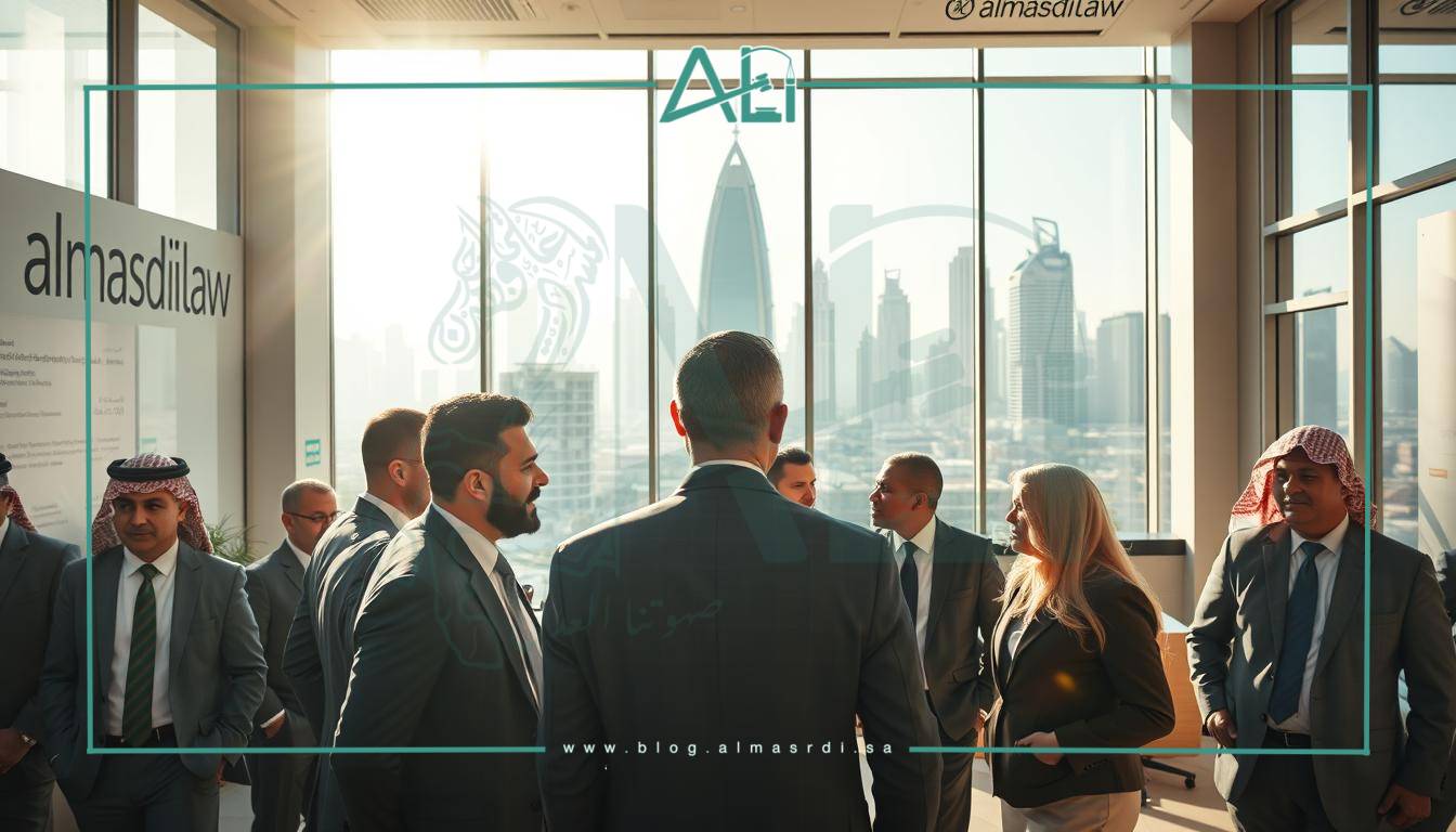 A bustling law office in the heart of Riyadh, Saudi Arabia, with almasrdilaw logo prominently displayed. Sunlight streams through the large windows, illuminating the modern and well-appointed interior. In the foreground, a group of confident and professional-looking lawyers, dressed in sharp suits, are engaged in animated discussions, suggesting the vibrant and dynamic nature of legal work in the Kingdom. The middle ground features a reception area with a receptionist greeting visitors, hinting at the high-quality client services offered. In the background, the iconic skyline of Riyadh is visible, showcasing the city's rapidly evolving urban landscape, symbolizing the growth and opportunities available for legal professionals in Saudi Arabia.