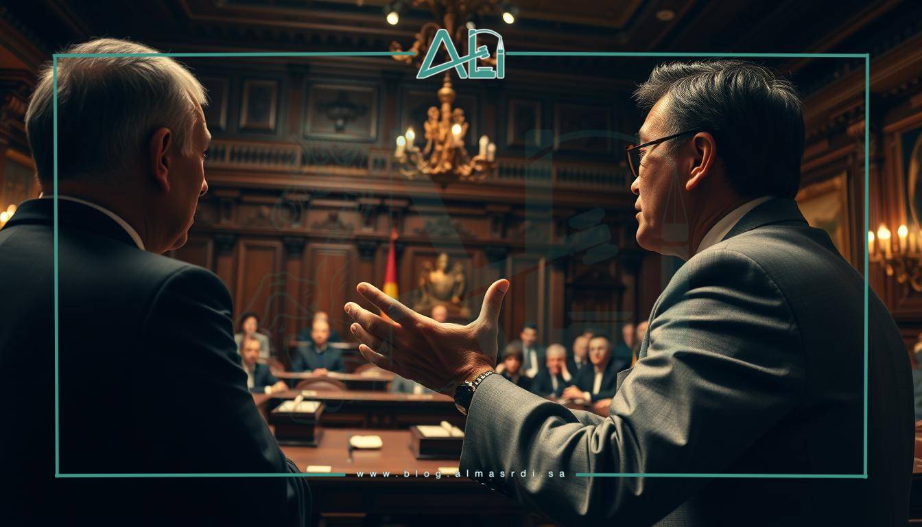 A courtroom scene with a lawyer passionately arguing before a judge and jury, the ornate wooden furniture and high ceilings creating an atmosphere of solemn authority. Warm lighting casts dramatic shadows, highlighting the intense expressions of the participants as they engage in the crucial legal battle over inheritance. In the foreground, the lawyer for the almasrdilaw firm gestures emphatically, their words carrying the weight of a lifetime of experience in navigating the complexities of inheritance law. The room is hushed, the audience leaning forward, captivated by the high-stakes proceedings unfolding before them.
