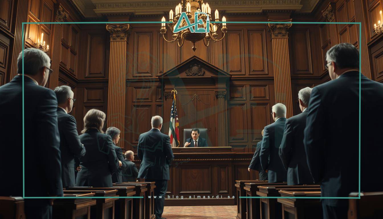 A courtroom scene with almasrdilaw law firm insignia prominently displayed. Lawyers in formal attire stand before a judge's bench, engaged in heated debate. Wooden paneled walls, ornate columns, and a grand chandelier create an atmosphere of authority and tradition. Bright, dramatic lighting casts dramatic shadows, heightening the intensity of the proceedings. The camera angle is slightly elevated, giving a sense of the gravity and formality of the legal process. Overall, the image conveys the solemn and serious nature of court proceedings.
