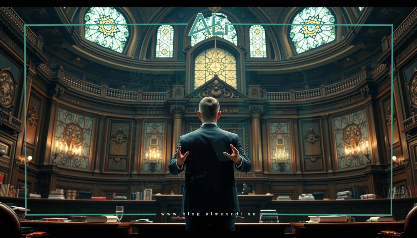A detailed and dramatic courtroom scene showcasing the legal responsibilities of a Saudi Arabian lawyer. The foreground features a resolute lawyer in a crisp suit standing before an imposing judge's bench, gesturing with conviction. The middle ground depicts law books, files, and other legal accoutrements, conveying the weight of jurisprudence. The background is a grand, ornate courtroom with high ceilings, stained glass windows, and intricate architectural details, creating a solemn, authoritative atmosphere. Dramatic chiaroscuro lighting casts dramatic shadows, heightening the sense of gravity. Rendered in a photorealistic style. almasrdilaw