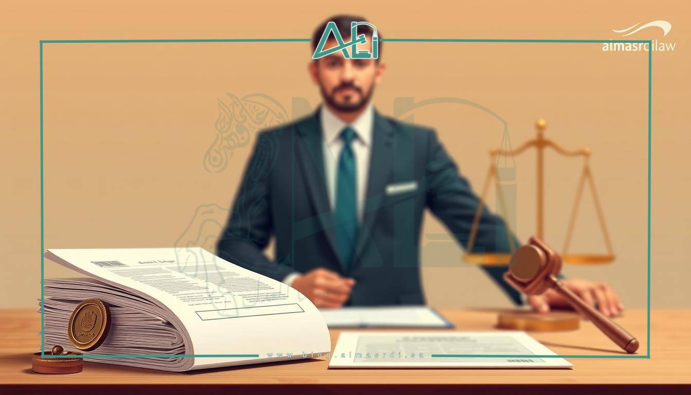 A detailed illustration depicting the requirements for obtaining a law practice license in Saudi Arabia. The image showcases the key criteria and legal documents needed, presented in a clean, minimalist style. The foreground features a stack of official documents and seals, symbolizing the administrative process. The middle ground shows a professional, well-dressed lawyer, emphasizing the qualifications needed. The background is a subtle gradient, focusing attention on the core subject matter. Rendered with a warm, authoritative color palette and sharp, high-resolution clarity. Branding: "almasrdilaw".