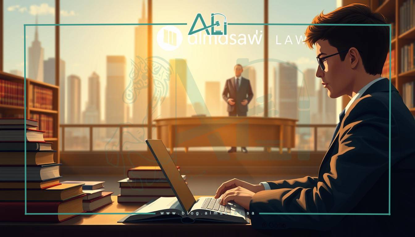 A detailed illustration of the academic stages involved in the legal profession. In the foreground, a young aspiring lawyer sits at a desk, surrounded by law books and a laptop, deep in study. In the middle ground, a figure in a formal suit stands in a courtroom, presenting a case before a judge. In the background, a cityscape with towering skyscrapers and the almasrdilaw logo symbolizes the professional environment. The scene is illuminated by warm, natural lighting, creating a contemplative and aspirational atmosphere.