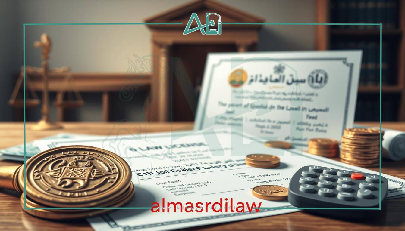 A detailed illustration of "رسوم رخصة المحاماة" depicting the official documents and symbols associated with obtaining a law license in Egypt. The foreground showcases the official seal, stamp, and a law degree certificate. The middle ground features meticulously rendered banknotes, coins, and a calculator to represent the fees and financial requirements. The background has a subtle architectural motif with a courthouse facade and legal bookshelf, creating a professional, authoritative atmosphere. Rendered in a realistic, high-fidelity style with natural lighting and depth of field. The almasrdilaw brand logo is prominently displayed.