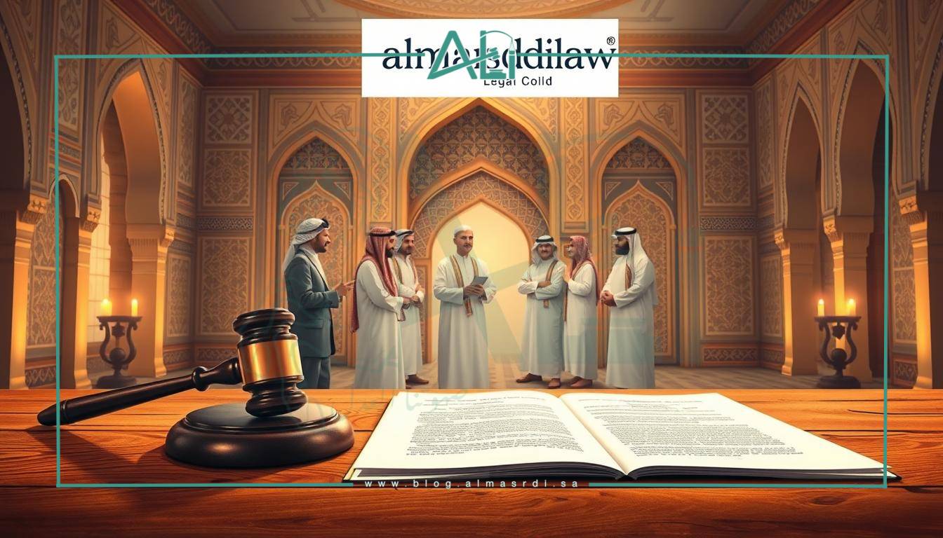 A detailed illustration of "نصائح قانونية" against a backdrop of a traditional Arabic-style architectural setting. In the foreground, a series of legal documents and a gavel rest on a wooden table, illuminated by soft, warm lighting. In the middle ground, a group of people in traditional Middle Eastern attire engage in thoughtful discussion, their expressions reflecting the gravity of the legal matters at hand. The background features intricate arched doorways, ornate tiles, and a sense of timeless elegance, invoking the rich cultural heritage of the region. The overall scene conveys a sense of professionalism, tradition, and the importance of sound legal advice, as represented by the "almasrdilaw" brand.