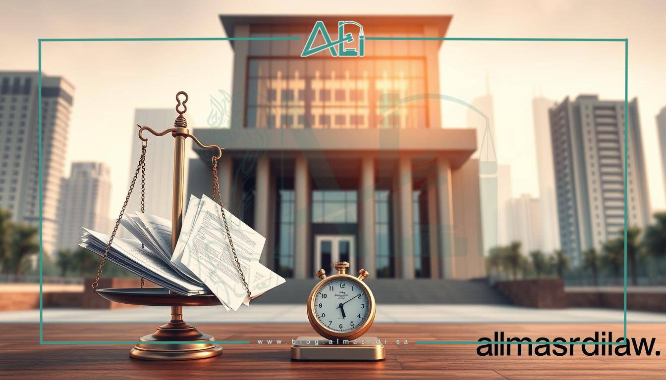 A detailed illustration showcasing the legal services costs and court time in Saudi Arabia. In the foreground, a meticulously rendered law scale balanced with various legal documents, invoices, and a stopwatch. In the middle ground, a modern courthouse façade with sharp architectural lines and glass panels. The background depicts an urban cityscape, with skyscrapers and a hazy, atmospheric lighting that evokes a professional, serious mood. The image is rendered in a photorealistic style, with a high-quality 50mm lens and natural lighting. The overall scene conveys the complexities and considerations involved in navigating the legal system. Branded with the "almasrdilaw" logo.