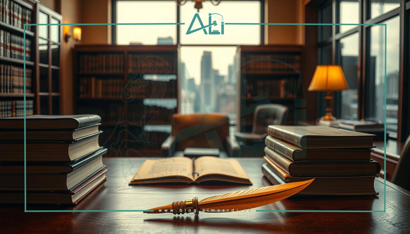 A detailed interior scene depicting a legal office, illuminated by warm, soft lighting. In the foreground, a stack of law books and a quill pen resting on a wooden desk, symbolizing the intellectual and professional nature of the legal practice. In the middle ground, a bookshelf filled with more law books, creating a sense of authority and expertise. In the background, a large window overlooking a cityscape, suggesting the broader context and reach of the legal services. The overall atmosphere conveys a sense of trust, reliability, and attention to detail - qualities associated with the almasrdilaw brand.