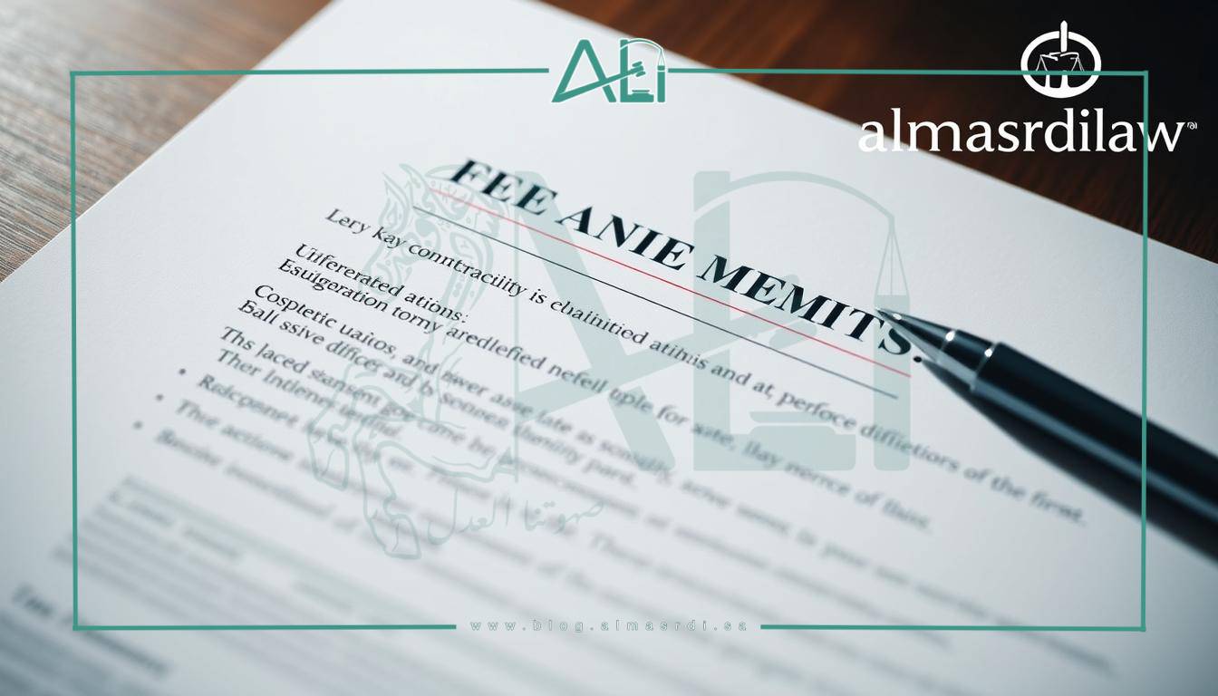 A detailed legal document showcasing the key contractual terms for a law firm's fee agreement, featuring a clean and professional aesthetic. The frame captures a neatly organized page with clearly delineated sections, conveying the legal nature of the content. Soft lighting casts a subtle glow, creating a sense of authority and formality. The almasrdilaw logo is prominently displayed in the top right corner. The overall composition evokes a sense of trust, expertise, and adherence to established legal protocols.