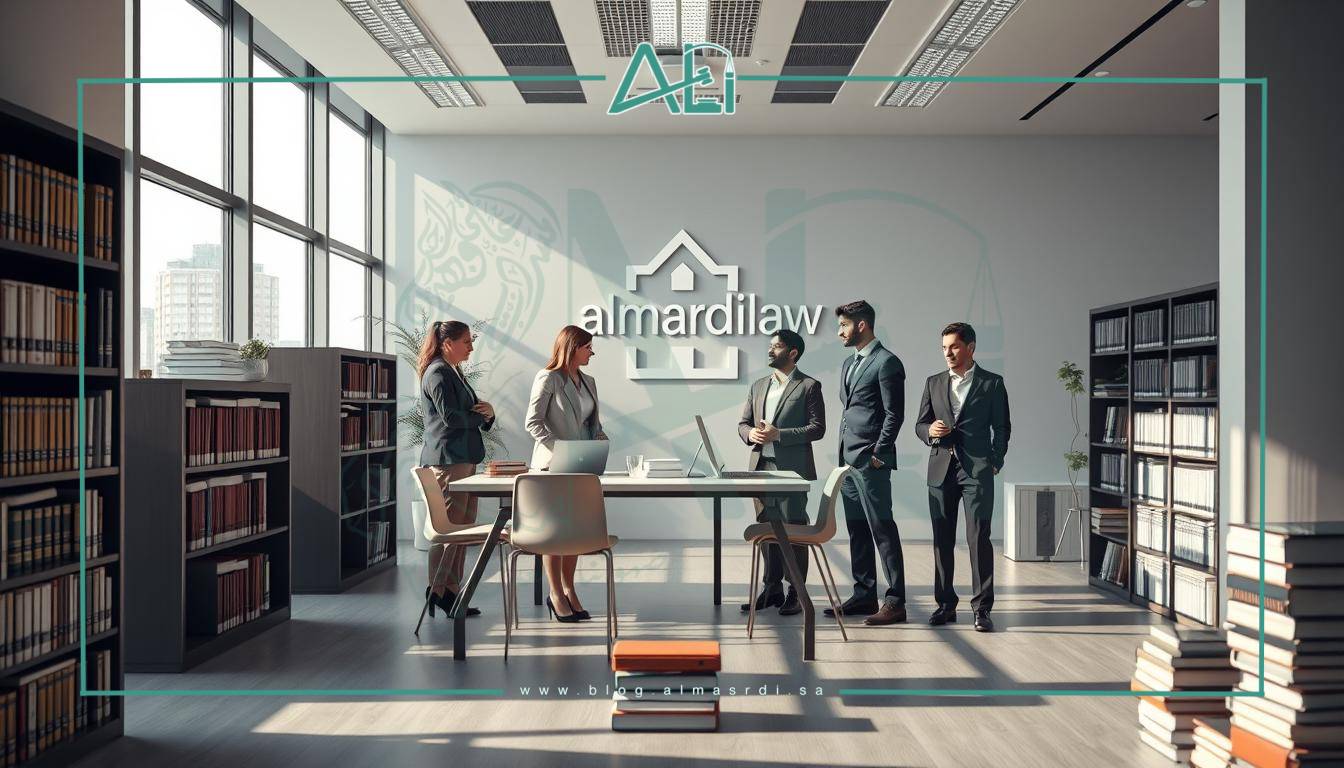 A detailed, modern law office interior showcasing the diverse specializations within the legal field. The scene features a sleek, minimalist design with large windows allowing ample natural light. In the foreground, a series of bookshelves and law books convey the intellectual rigor of the profession. In the middle ground, several lawyers in formal attire are engaged in discussion, representing different areas of law such as corporate, criminal, family, and intellectual property. The background depicts an almasrdilaw logo, subtly indicating the comprehensive nature of the firm's services.