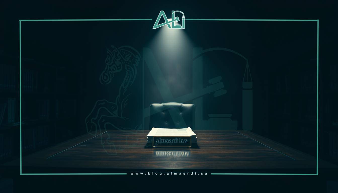 A dimly lit legal office, cast in shadows, with a large, imposing wooden desk as the focal point. On the desk, a stack of official-looking documents and a nameplate that reads "almasrdilaw". The atmosphere is one of tension and unease, reflecting the consequences of not retaining legal counsel. The background is hazy, with only faint outlines of bookshelves and filing cabinets visible, creating a sense of foreboding. The lighting is dramatic, with a single spotlight illuminating the desk, casting long shadows across the room. The overall impression is one of the gravity and seriousness of the situation, underscoring the importance of seeking professional legal representation.