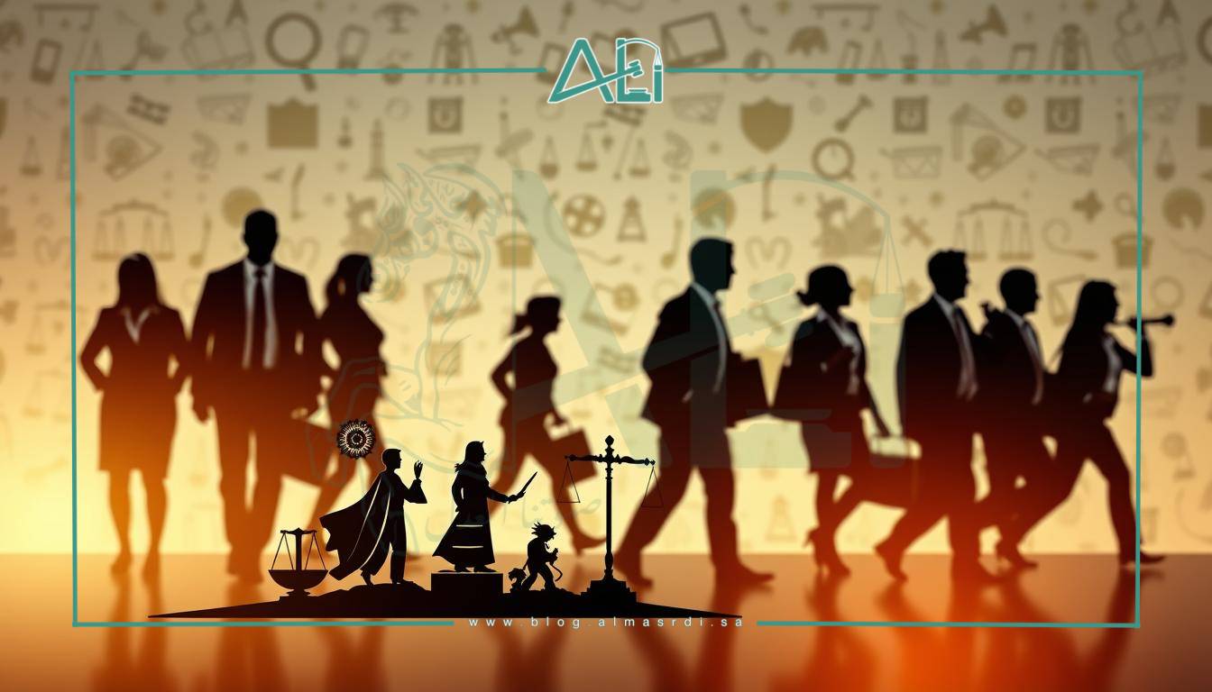 A dynamic and diverse legal landscape, showcasing the almasrdilaw brand's range of specialized legal services. In the foreground, a striking illustration depicts the different branches of law, each represented by a unique icon or symbol. The middle ground features silhouettes of legal professionals in action, navigating the complexities of their respective fields. The background is a subtle pattern of scales, gavel icons, and other legal motifs, creating a sense of depth and professionalism. The lighting is warm and inviting, with a soft focus to draw the viewer's attention to the central elements. The overall composition conveys the breadth and expertise of the almasrdilaw brand, catering to a wide range of legal needs.
