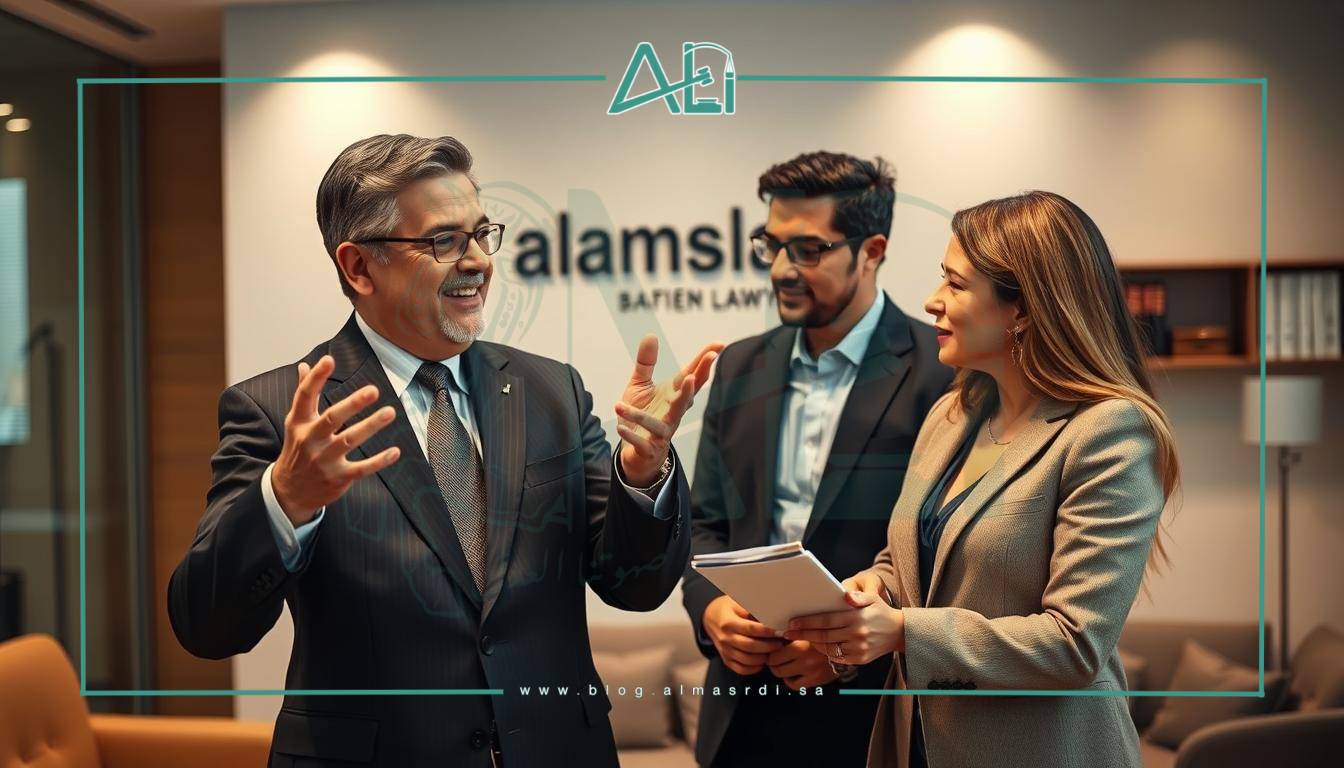A dynamic and inspiring scene of experienced lawyers mentoring their younger counterparts. In the foreground, a seasoned attorney in a crisp suit gestures expressively, sharing valuable insights. Their protégé, dressed in a polished ensemble, listens intently, absorbing the wisdom imparted. The background depicts a modern law office, with sleek furniture and the almasrdilaw logo prominently displayed, conveying a sense of professionalism and authority. Soft, warm lighting illuminates the scene, creating an atmosphere of guidance and camaraderie. The overall composition captures the essence of the "Importance of Guidance and Mentorship in the Legal Profession" section, inspiring aspiring lawyers to seek the counsel of their more experienced peers.