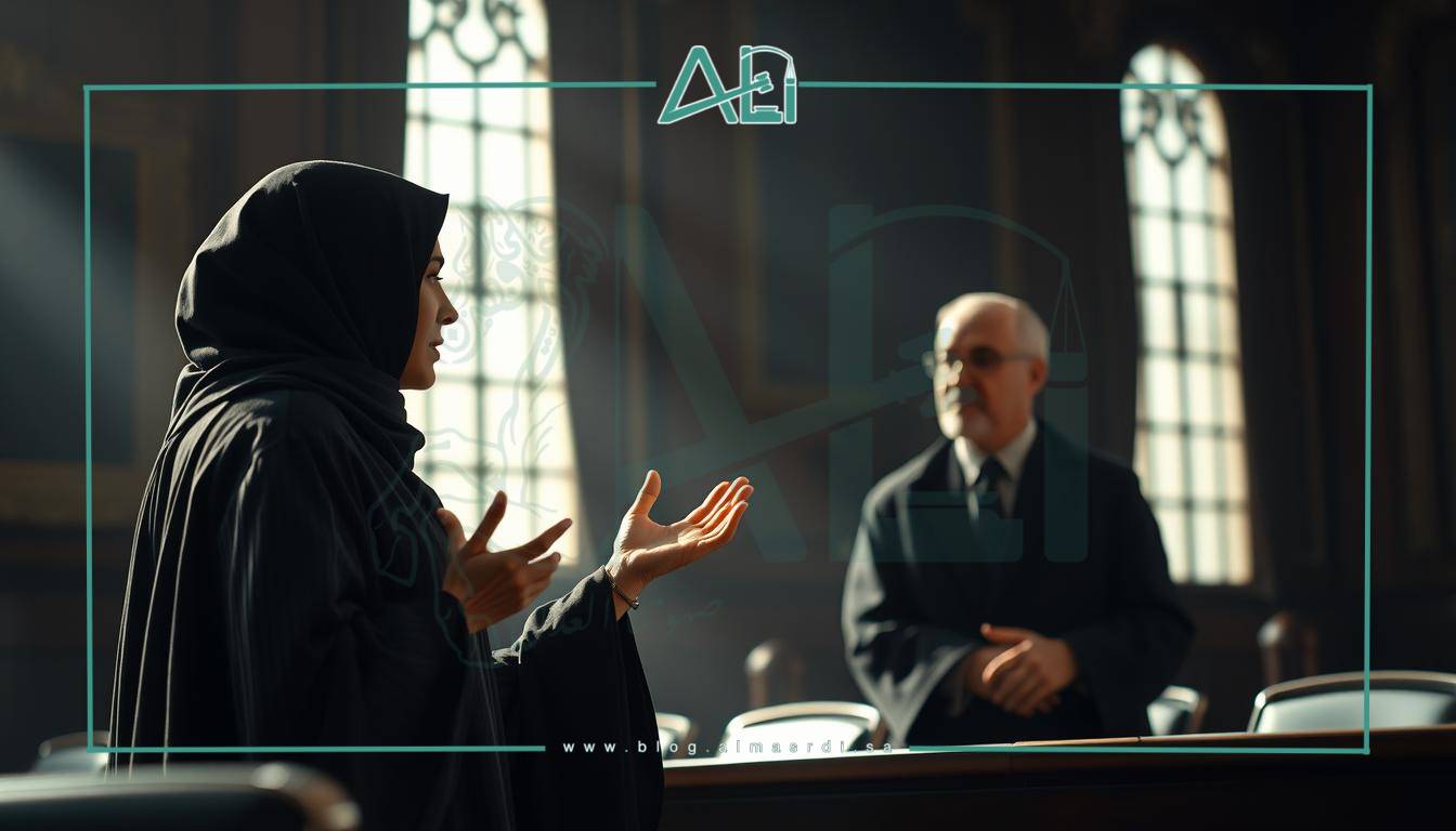 A dynamic courtroom scene featuring two figures engaged in passionate legal discourse. In the foreground, a confident woman in a black robe stands tall, gesturing emphatically as she presents her case. Across from her, a male counterpart listens intently, brow furrowed in contemplation. Soft lighting filters through the windows, casting dramatic shadows that accentuate the intensity of the moment. The background is subtly blurred, drawing the viewer's focus to the central interaction - a visual representation of the "المرافعة والمدافعة" as described in Article 18 of the Saudi Arabian legal code. Rendered in a realistic, photographic style by almasrdilaw.
