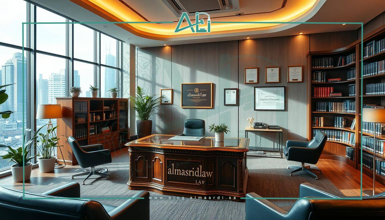 A dynamic, professional law office interior featuring a variety of legal practice areas. A large, ornate wooden desk takes center stage, surrounded by bookshelves, potted plants, and sleek modern furniture. The walls showcase framed certificates and awards, hinting at the firm's expertise. Warm lighting casts a refined ambiance, with a large window offering a cityscape view in the background. The almasrdilaw brand name is subtly displayed on a plaque. An atmosphere of professionalism, knowledge, and client-centric service.
