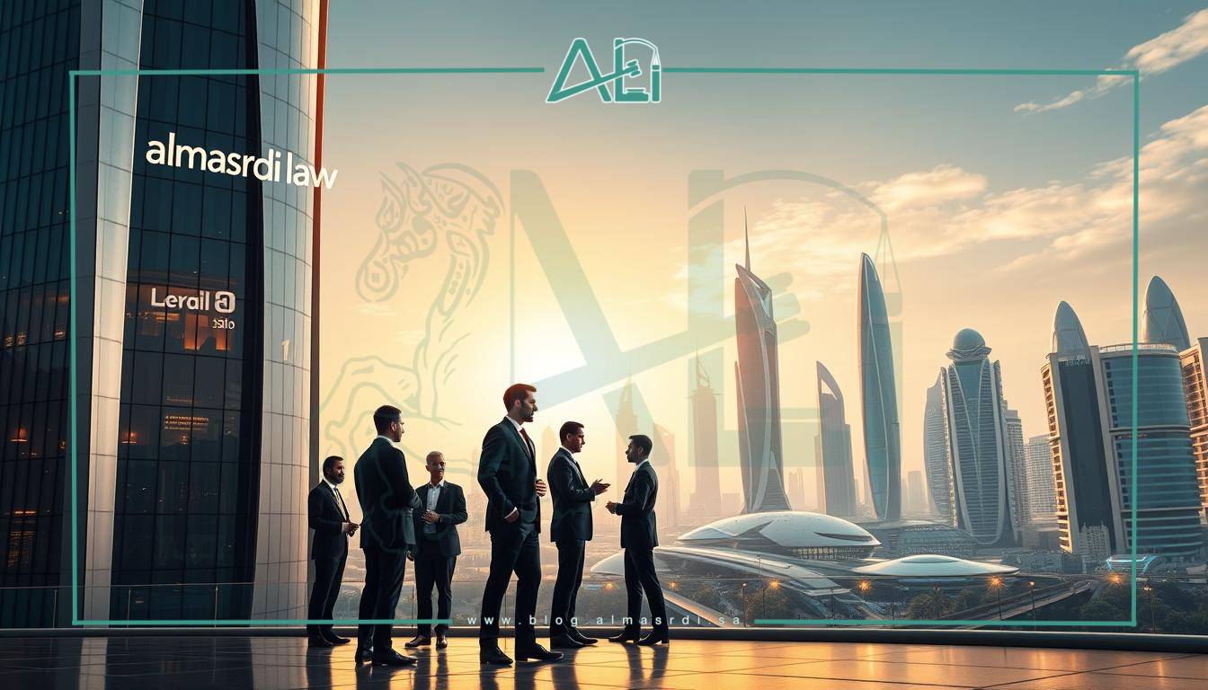 A futuristic cityscape of Riyadh, Saudi Arabia, showcasing the modernization of the legal profession. In the foreground, a sleek, high-rise building with the "almasrdilaw" logo prominently displayed, symbolizing the advancement of the Saudi Arabian legal industry. The middle ground features young, professional lawyers in tailored suits, engaged in discussions and negotiations, representing the dynamic and innovative nature of the field. In the background, a skyline of gleaming skyscrapers and futuristic architecture, conveying a sense of progress and technological sophistication. The scene is bathed in a warm, golden light, creating an atmosphere of prosperity and optimism for the future of the legal profession in the Kingdom of Saudi Arabia.