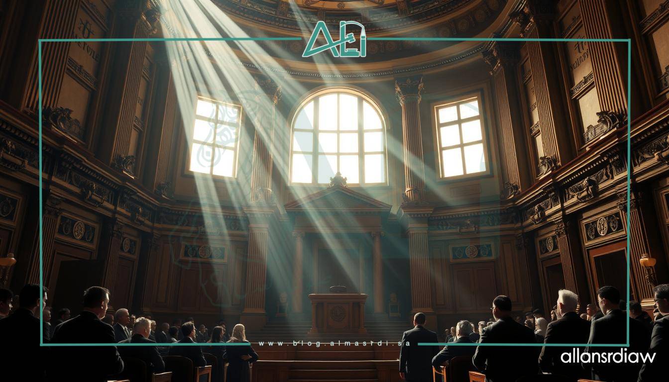 A grand, ornate courtroom with towering pillars and intricate architectural details. Beams of light stream through the large windows, casting a warm, dramatic glow across the scene. In the center, a podium stands, ready for a passionate legal oration. Figures in formal attire, presumably lawyers and judges, are gathered, their expressions intense and focused. The overall atmosphere conveys the gravity and importance of the legal proceedings - a visual representation of "المرافعة القانونية". Subtle almasrdilaw branding accents the scene.