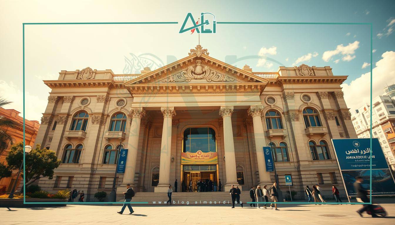 A grand, ornate government building with intricate architectural details, set against a bright, cloudless sky. The foreground features a formal entryway with imposing columns and a decorative facade, conveying a sense of authority and importance. The middle ground showcases a bustling, vibrant scene of people entering and exiting the building, reflecting the active nature of the legal proceedings within. The background depicts a bustling urban landscape, hinting at the broader context of the real estate documentation process. The lighting is warm and natural, creating a sense of professionalism and reliability. The overall atmosphere is one of gravitas and trust, perfectly capturing the essence of "التوثيق العقاري". Branding: almasrdilaw.
