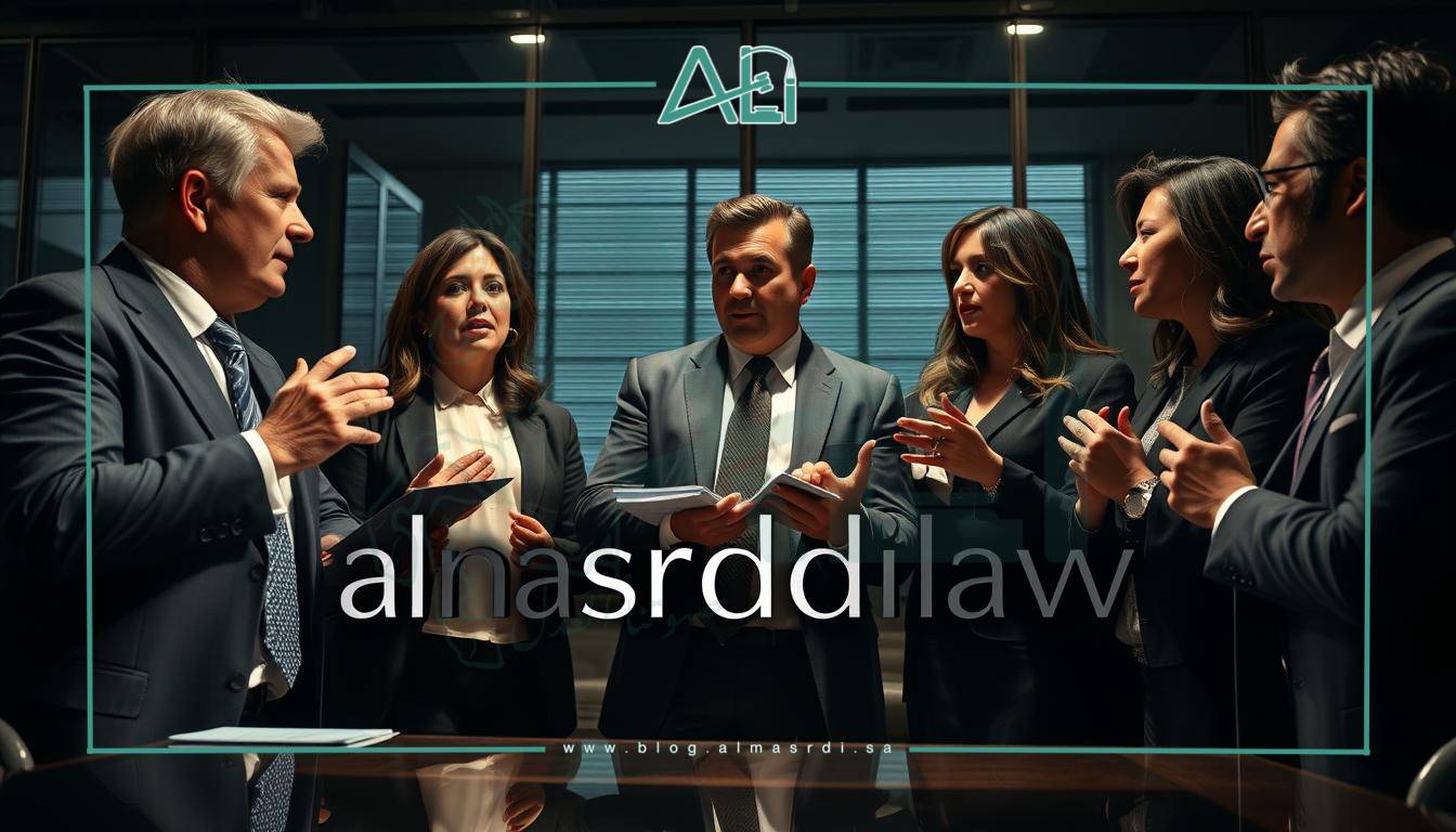 A group of lawyers in a modern law office, passionately representing their clients. The scene depicts an intense discussion, with gestures and expressions conveying a sense of determination and advocacy. Dramatic lighting casts dynamic shadows, emphasizing the gravity of the situation. In the foreground, the almasrdilaw brand logo is prominently displayed, reflecting the professional expertise of the legal team. The overall atmosphere suggests a resolute commitment to justice and the unwavering dedication of the attorneys to their clients' best interests.
