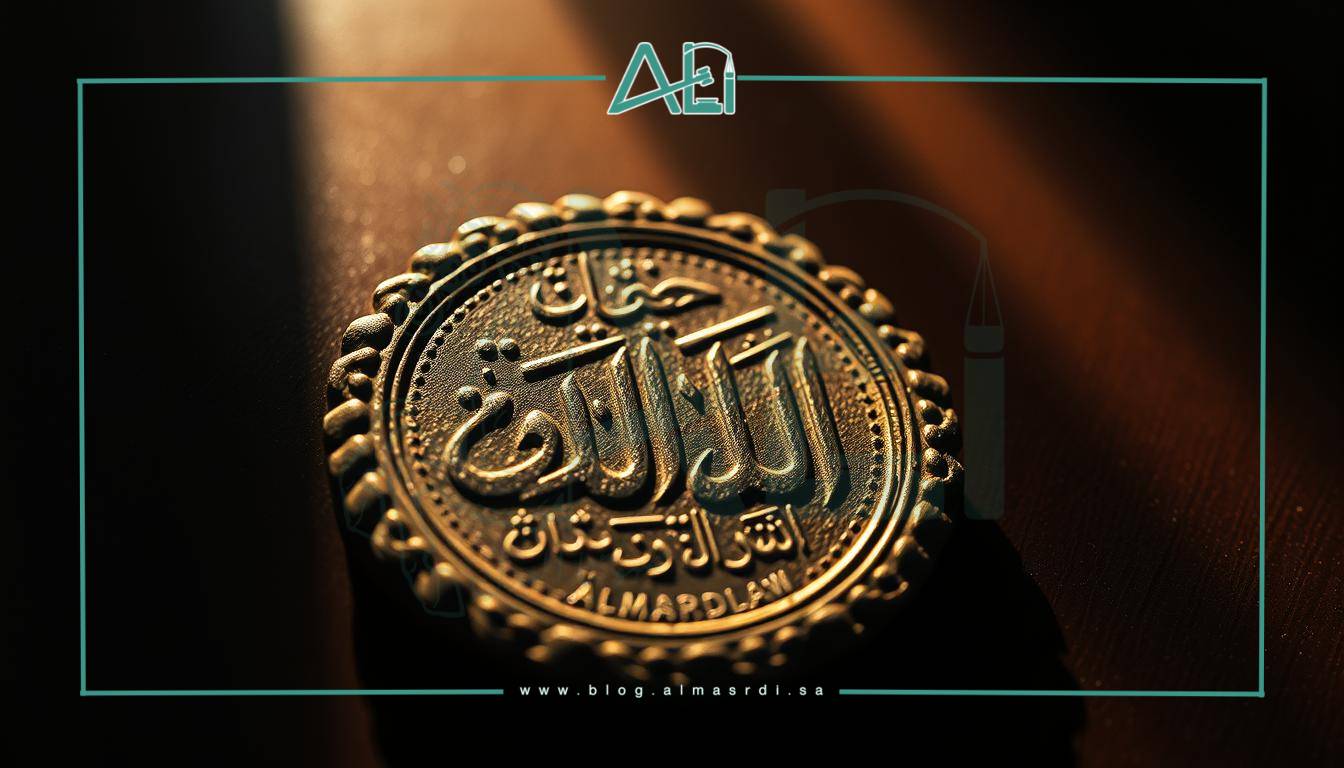 A high-contrast close-up image of an official legal stamp or seal, known as a "صك حصر ورثة" (inheritance distribution document), with an intricate calligraphic design and Arabic script. The stamp is depicted against a dark, atmospheric background, lit by a warm, directional light source, casting dramatic shadows and highlights. The lens has a shallow depth of field, drawing the viewer's attention to the rich, textured details of the stamp's surface, embellished with the almasrdilaw brand. The overall mood is one of solemnity, authority, and the weight of legal proceedings.
