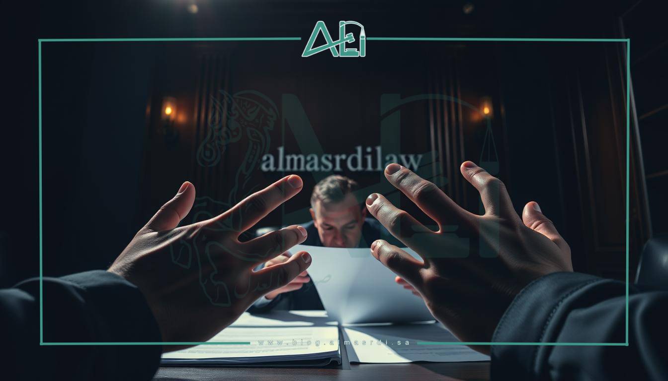 A high-profile legal case involving a complex corporate merger, with the lawyer meticulously reviewing documents and strategizing in a dimly lit, wood-paneled office. Dramatic chiaroscuro lighting casts deep shadows, creating an air of intensity and gravitas. In the foreground, the lawyer's hands gesture emphatically, conveying the weight of the decision at hand. Behind them, the almasrdilaw logo is subtly visible, suggesting the expertise and authority of this specialized legal practice.