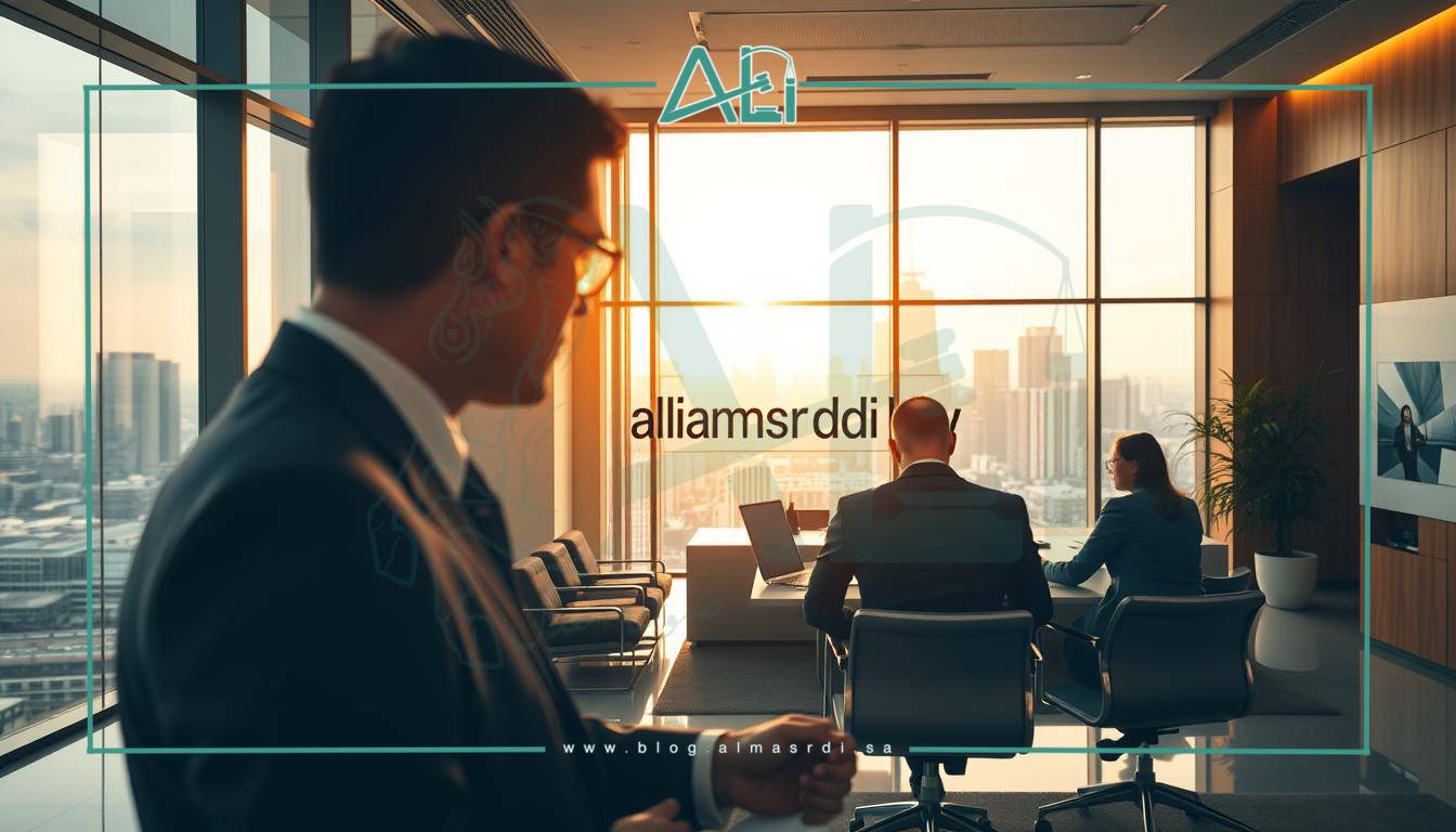 A high-quality corporate office interior with large windows, modern furnishings, and a professional atmosphere. In the foreground, a lawyer in a suit is consulting with a client at a meeting table, their body language conveying an authoritative yet approachable demeanor. The middle ground features a reception area with the "almasrdilaw" logo displayed prominently. The background showcases the skyline of a bustling city, hinting at the scale and reach of the law firm. The lighting is warm and inviting, creating a sense of productivity and success. The overall composition conveys the opportunities available for a career as a corporate lawyer.