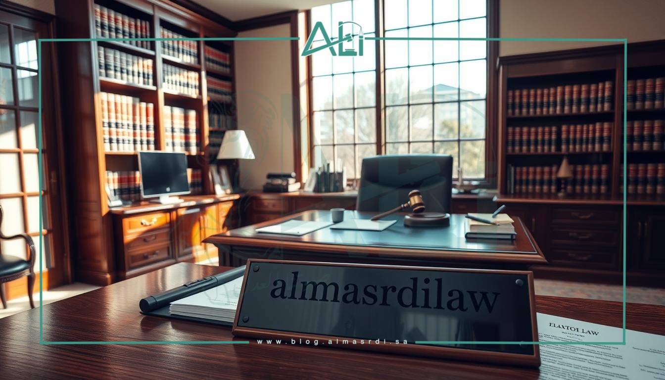 A high-quality photograph of a law office interior, featuring a well-appointed desk, a bookshelf filled with legal volumes, and a large window allowing natural light to flood the space. In the foreground, a computer, legal documents, and a nameplate reading "almasrdilaw" are prominently displayed. The overall atmosphere conveys a sense of professionalism, expertise, and attention to detail, reflecting the comprehensive legal services offered by the firm.