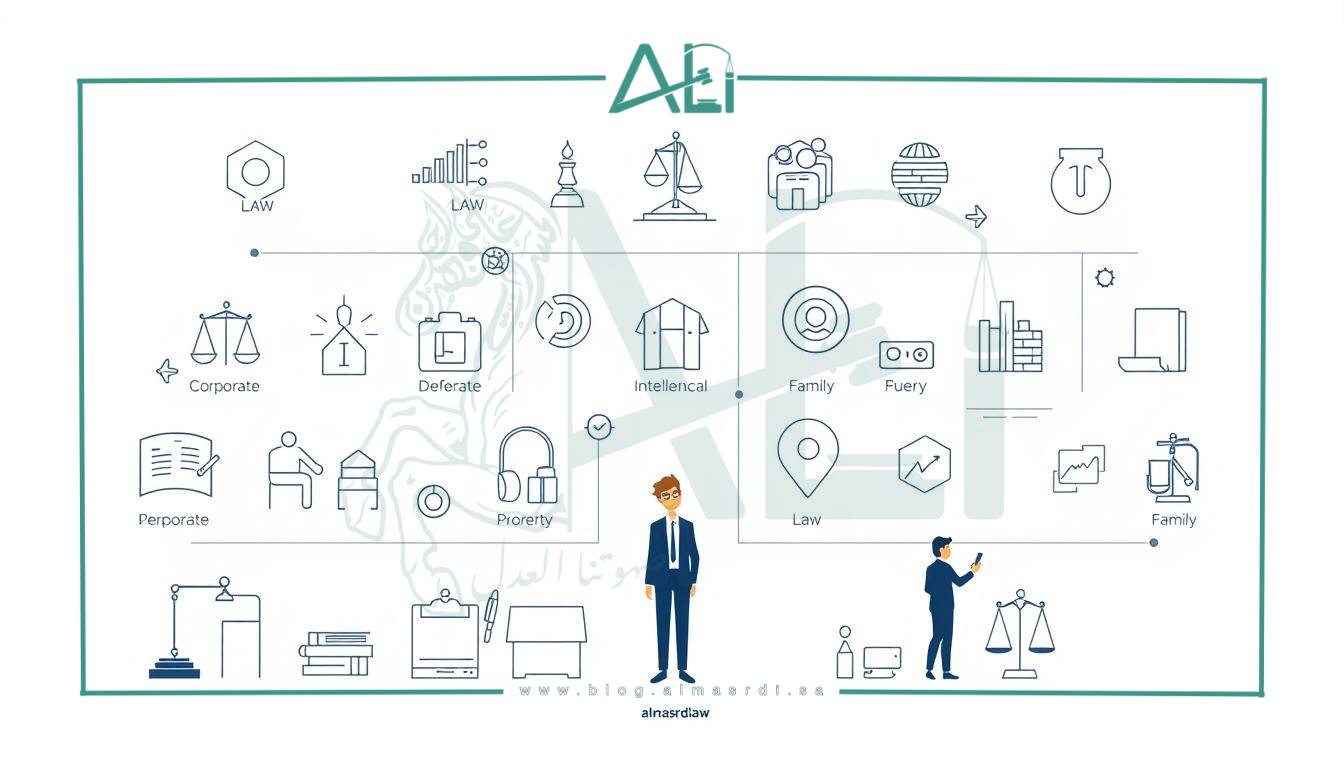 A high-quality, photorealistic illustration of various legal specialties and fields of practice, showcasing the diverse career paths available to aspiring lawyers. The image should depict a stylized, minimalist design featuring geometric shapes, lines, and icons that symbolize different legal disciplines, such as corporate law, criminal defense, intellectual property, family law, and more. The layout should be clean and organized, with a neutral color palette and subtle almasrdilaw branding elements. The overall mood should convey a sense of professionalism, expertise, and the breadth of opportunities within the legal industry.