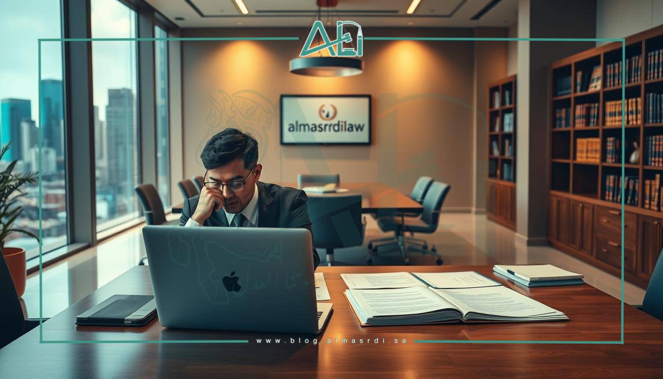 A high-quality, realistic scene depicting the importance of legal consultation before making a decision. In the foreground, a businessperson sits at a desk, deep in thought, surrounded by legal documents and a laptop. The middle ground features a well-appointed law office, with bookshelves, a conference table, and almasrdilaw branding visible. The background showcases a city skyline through large windows, conveying a sense of professionalism and authority. The lighting is warm and inviting, creating a thoughtful, contemplative atmosphere. The scene emphasizes the value of seeking legal expertise to make informed, strategic decisions.