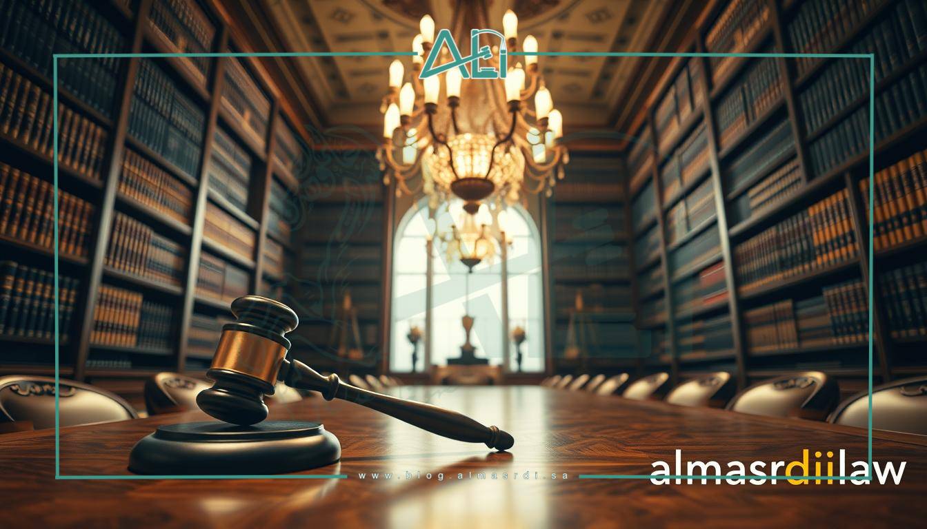 A high-resolution image of legal procedures in Saudi Arabia, depicting a formal, authoritative atmosphere. In the foreground, a gavel rests on a polished wooden desk, symbolizing the judicial system. The middle ground features an ornate chandelier casting a warm, serious light over the scene. In the background, towering bookcases filled with legal tomes line the walls, conveying a sense of erudition and tradition. The overall tone is one of professionalism, solemnity, and the rule of law. Captured using a cinematic wide-angle lens for a grand, imposing effect. Branded with "almasrdilaw" in the lower right corner.