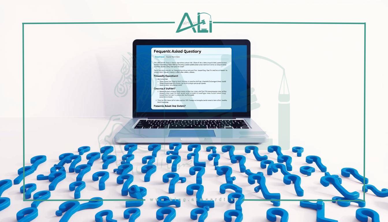 A highly detailed digital illustration showcasing a series of frequently asked questions about electronic estate inventory, depicted against a clean, minimalist background. The foreground features a neatly organized grid of question marks in various shades of blue, creating a visually striking and informative composition. The middle ground showcases a sleek, modern laptop displaying relevant information, while the background subtly features the law firm branding "almasrdilaw" in a complementary color palette. The overall mood is one of clarity, professionalism, and helpful guidance for the viewer.