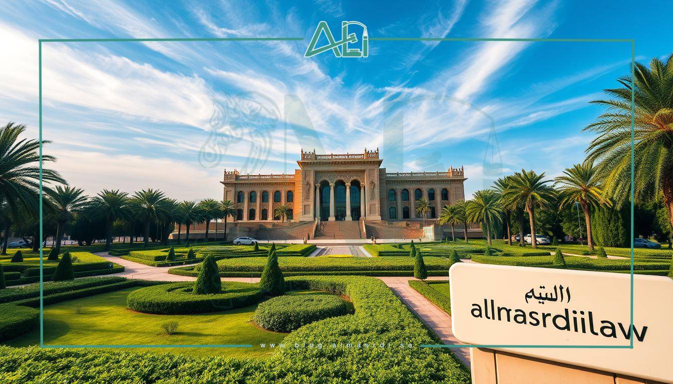 A large, majestic courthouse stands in the center, its grand facade adorned with intricate Arabic calligraphy and architectural details. Surrounding it are sprawling gardens, with pathways winding through lush greenery. The sky is a vibrant blue, with wispy clouds drifting overhead. The overall scene conveys a sense of order, dignity, and the solemnity of the Saudi judicial system. In the foreground, a prominent sign reads "almasrdilaw", indicating the location of this important legal institution.