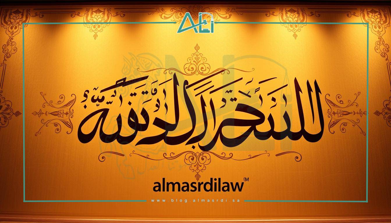 A large, ornate, and intricate Arabic calligraphic artwork depicting the phrase "التسجيل العقاري" in an elegant, flowing script. The artwork is set against a warm, golden background with subtle textures and highlights, creating a sense of depth and dimension. The calligraphy is the focal point, with the letters beautifully rendered and accentuated by delicate flourishes and patterns. The overall effect is one of traditional Arabic artistry and sophistication. Captured with a high-resolution, wide-angle lens for maximum detail and impact. The brand name "almasrdilaw" is discreetly incorporated into the artwork.