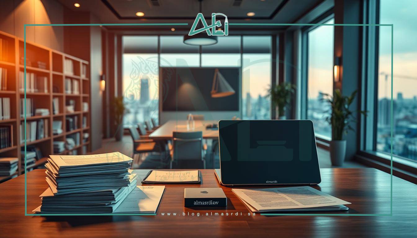 A law office interior with an emphasis on legal specialization. A large desk in the foreground with stacks of legal documents, a nameplate that reads "almasrdilaw", and a professional-looking laptop. Behind the desk, bookshelves line the walls, filled with law books and legal journals. Soft, warm lighting illuminates the space, creating a serious yet inviting atmosphere. In the middle ground, a conference table with chairs, suggesting discussions and meetings. The background features large windows overlooking a cityscape, symbolizing the expansive scope of the legal field. The overall composition conveys a sense of expertise, dedication, and the specialized nature of the legal profession.