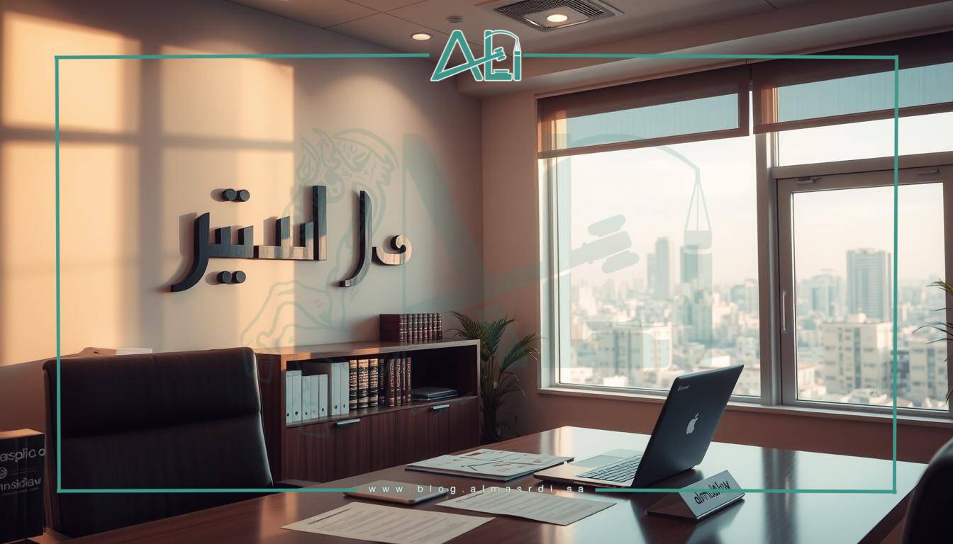 A law office interior with warm, natural lighting and clean, modern decor. On the wall, the prominent arabic text "الاستشارات القانونية" is displayed in a stylish calligraphic font. In the foreground, a professional-looking desk with a laptop, paperwork, and a nameplate reading "almasrdilaw". Behind it, shelves of legal volumes and a large window overlooking an urban cityscape. The atmosphere conveys a sense of expertise, authority and trustworthiness.