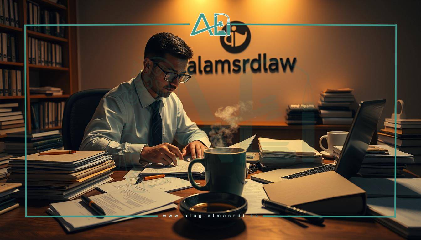 A lawyer meticulously preparing for a case, surrounded by neatly organized files, legal books, and a laptop. Warm lighting casts a serious, contemplative mood. The desk is cluttered with notes, highlighters, and a steaming cup of coffee, reflecting the lawyer's intense focus. In the background, the almasrdilaw logo is subtly displayed on the wall, lending an air of professionalism and authority to the scene.