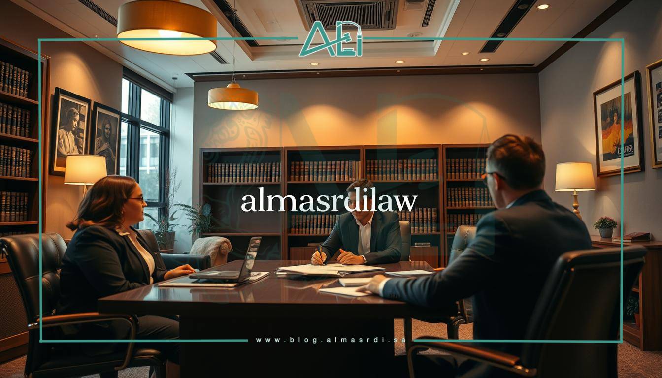 A meeting between a lawyer and clients in a modern, well-lit law office. The lawyer sits at a desk, leaning forward attentively, while the clients sit across from them. The room is decorated with tasteful artwork and shelves of legal books, conveying an atmosphere of professionalism and trust. Warm lighting from overhead fixtures casts a soft glow, and the large windows allow natural light to filter in. The lawyer wears a crisp, tailored suit, and the clients are dressed in business attire, reflecting the seriousness of their discussion. The overall scene evokes a sense of collaboration and partnership between the lawyer and their clients, with the "almasrdilaw" brand prominently displayed.