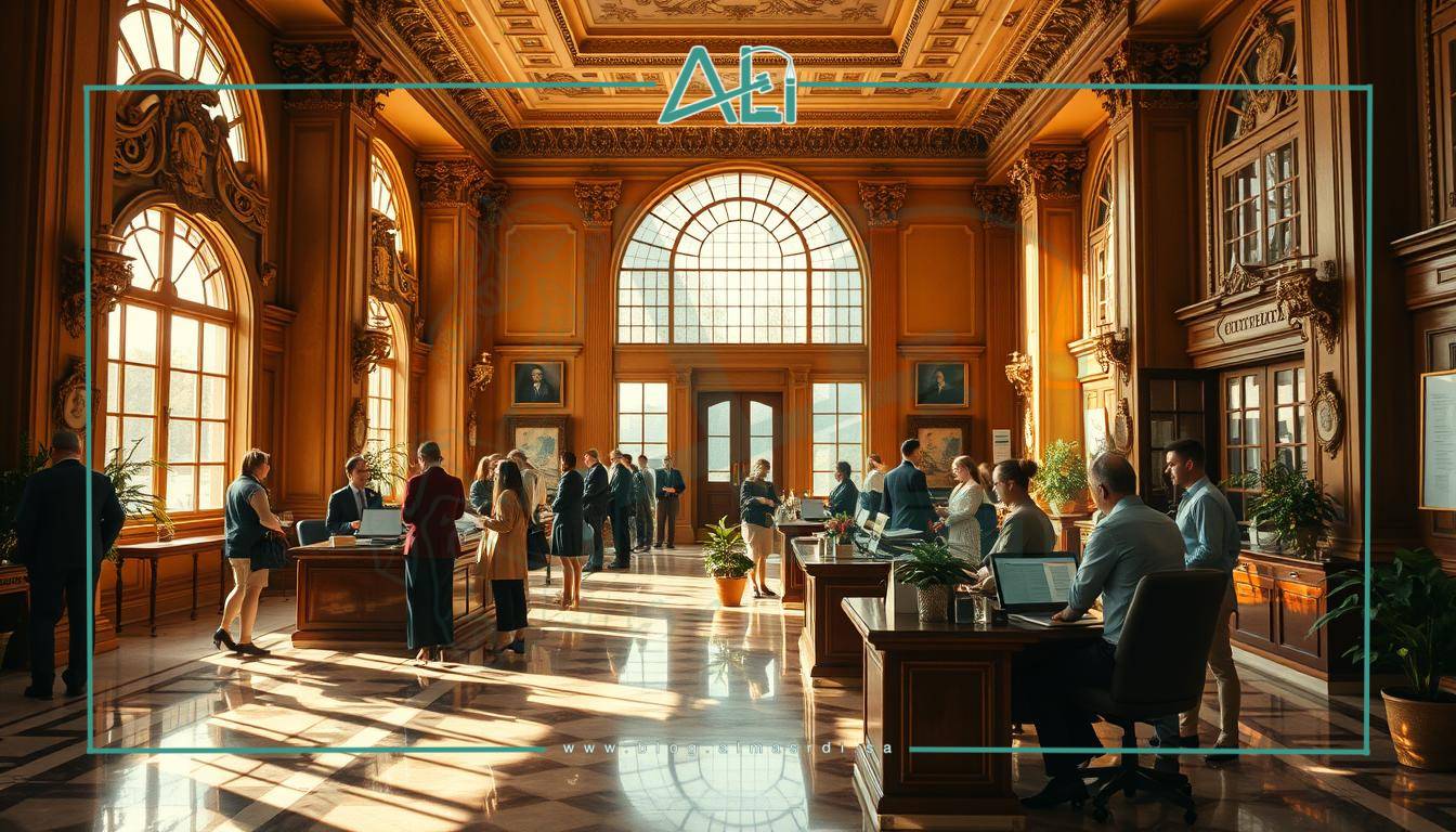 A meticulously detailed real estate registration office, flooded with warm natural light filtering through large windows. Ornate columns and intricate architectural details lend an air of stately grandeur. Customers queue patiently, engaging with helpful staff at the almasrdilaw counters. Gleaming mahogany furniture, potted plants, and a serene atmosphere create a professional yet inviting space. The scene conveys a sense of order, efficiency, and the importance of properly documenting property ownership.