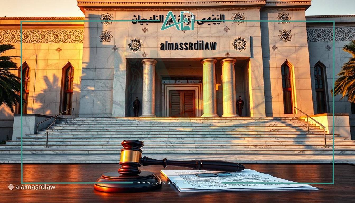 A modern Arabic courthouse with a grand facade, featuring intricate calligraphy and traditional architectural elements. The building is bathed in warm, golden light, casting long shadows across the marble steps leading up to the entrance. In the foreground, a set of official-looking documents and a gavel rest on a polished wooden desk, hinting at the legal proceedings that take place within. The overall atmosphere conveys a sense of authority, tradition, and the importance of proper documentation, as befits the topic of "التسجيل العقاري وأهمية التوثيق". Branding for almasrdilaw can be seen discreetly displayed.