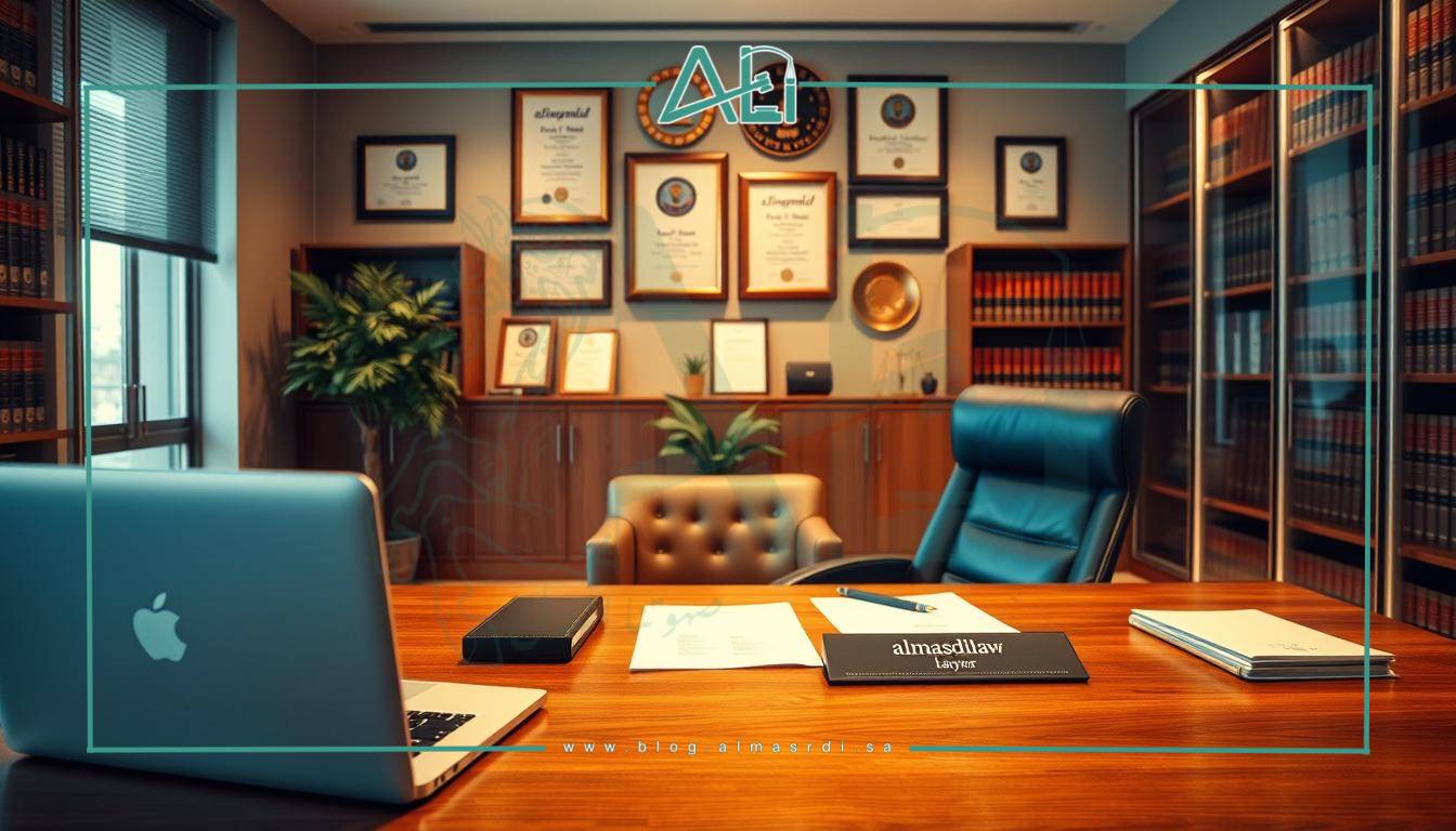 A modern and professional law office interior, showcasing the skills of a successful lawyer. In the foreground, a stylish wooden desk with a laptop, a stack of files, and a nameplate reading "almasrdilaw". On the wall behind, diplomas and awards are neatly displayed, reflecting the lawyer's expertise. Warm lighting illuminates the space, creating a calm and authoritative atmosphere. In the middle ground, a comfortable leather chair and a potted plant add touches of sophistication. The background features sleek bookshelves filled with legal volumes, conveying the depth of knowledge required for this profession. The overall scene radiates confidence, competence, and a commitment to excellence.
