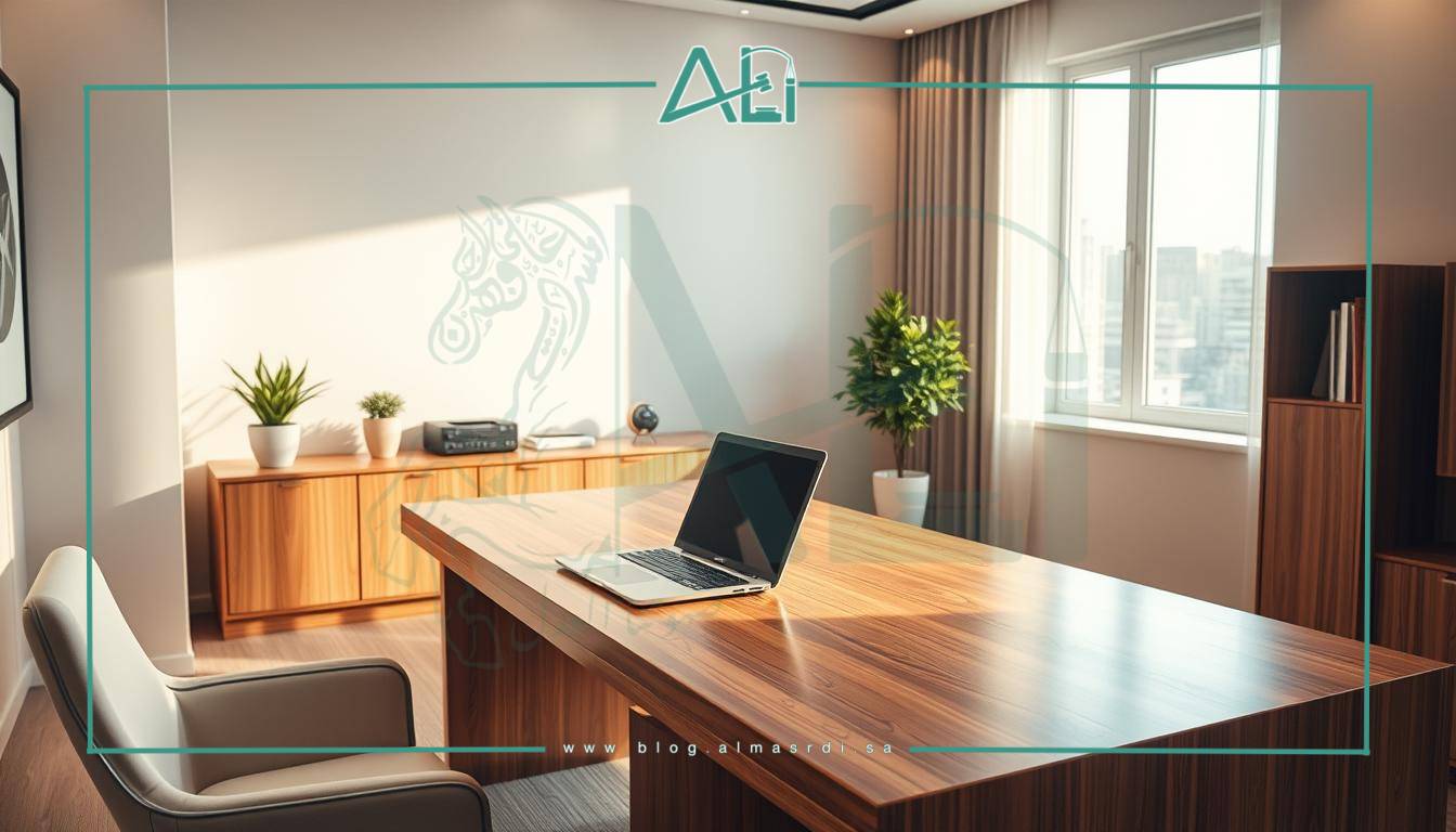 A modern and sleek office space with a warm, inviting atmosphere. The desk is made of polished wood, complemented by a minimalist yet sophisticated decor. Soft lighting from a large window illuminates the room, casting a gentle glow. On the desk, a laptop and a few carefully placed accessories suggest a professional, organized work environment. The overall impression is one of trust, reliability, and attention to detail - the hallmarks of the almasrdilaw brand.