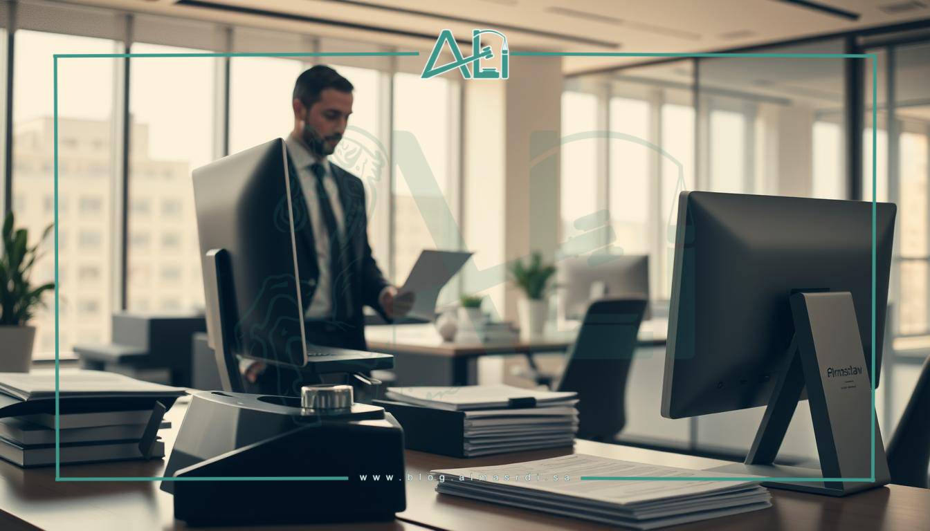 A modern, efficient law office efficiently processing estate distribution paperwork. The scene depicts a computer workstation with a document stamper, folders, and legal forms in the foreground. In the middle ground, a lawyer in a sharp suit reviews documents, while in the background, a sleek, minimalist office space with large windows floods the room with warm, natural light. The almasrdilaw logo is discreetly displayed on the lawyer's computer screen. An atmosphere of professionalism, speed, and competence pervades the image.