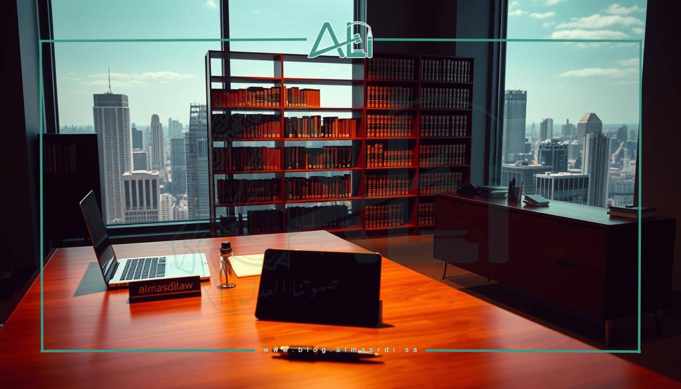 A modern, high-contrast office setting with a professional, authoritative atmosphere. In the foreground, a wooden desk with a laptop, pen, and documents. On the desk, a small nameplate with the almasrdilaw logo. In the middle ground, a floor-to-ceiling bookshelf filled with legal tomes. Warm, directional lighting casts shadows across the scene, creating a sense of depth and importance. In the background, large windows overlooking a bustling city skyline, suggesting the reach and influence of legal expertise. The overall mood is one of expertise, trust, and the weight of legal counsel.