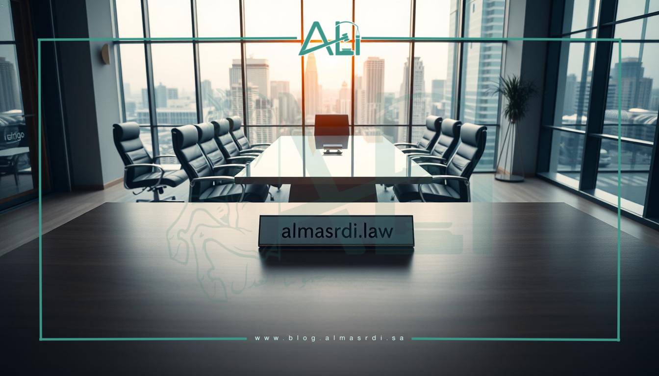 A modern law office interior, showcasing the contrast between a local and international legal practice. In the foreground, a simple desk with a name plate "almasrdilaw", representing the local lawyer. In the middle ground, a larger conference table surrounded by executive chairs, symbolizing the global reach and resources of the international attorney. The background features floor-to-ceiling windows overlooking a bustling cityscape, emphasizing the broader geographic scope and cosmopolitan nature of the international legal practice. Soft, warm lighting sets a professional, authoritative tone. The overall composition conveys the enhanced capabilities, clientele, and prestige associated with an international law firm.