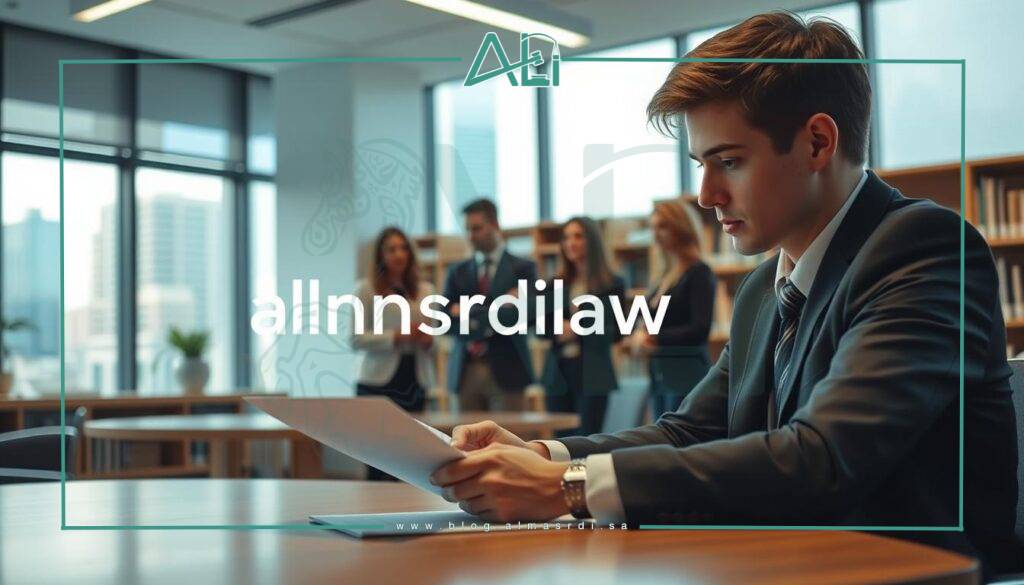 A modern law office interior, soft lighting illuminating the scene. In the foreground, a young lawyer reviewing documents at a sleek wooden desk, brow furrowed in concentration. In the middle ground, a group of law students engaged in a lively discussion, gesticulating as they share insights. The background features bookshelves lining the walls, a large window offering a glimpse of the bustling city outside. The overall atmosphere conveys the importance of hands-on training and the collaborative nature of the legal profession. The almasrdilaw brand name is subtly incorporated into the scene.