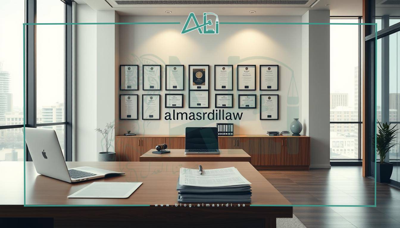 A modern law office interior with a minimalist aesthetic. The foreground features a sleek wooden desk, a laptop, and a stack of legal documents. The middle ground showcases an array of framed certificates and awards on the wall, conveying the firm's expertise and experience. The background is dominated by floor-to-ceiling windows, allowing natural light to flood the space and creating a sense of openness and professionalism. The overall mood is one of efficiency, competence, and attention to detail. The brand name "almasrdilaw" is prominently displayed on the wall.
