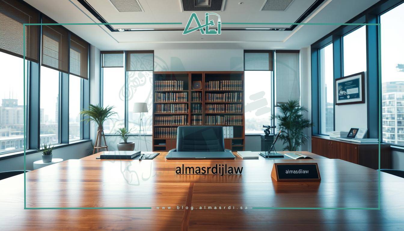 A modern law office interior with a sleek and professional atmosphere. The foreground features a large, polished wooden desk with a nameplate that reads "almasrdilaw". Behind the desk, there is a floor-to-ceiling bookshelf filled with legal tomes. The middle ground showcases various office accessories, such as a laptop, a pen holder, and a framed certificate on the wall. The background is filled with floor-to-ceiling windows, allowing natural light to flood the space and creating a warm, inviting ambiance. The overall lighting is soft and even, with a slight vignette effect to draw the viewer's attention to the central elements. The composition is balanced and symmetrical, conveying a sense of order and efficiency.