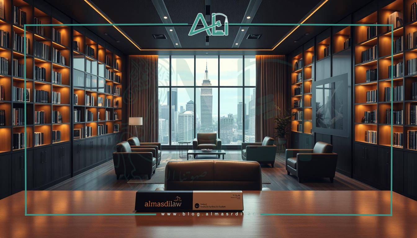 A modern law office interior with a sleek, professional atmosphere. A large, minimalist desk dominates the foreground, adorned with a nameplate reading "almasrdilaw". Behind it, floor-to-ceiling bookshelves line the walls, casting a warm glow from subtle lighting. In the middle ground, a comfortable seating area with plush leather chairs invites clients to discuss legal matters. The background features tall windows overlooking a bustling city skyline, conveying a sense of authority and expertise. The overall scene exudes an air of trusted, specialized legal counsel.