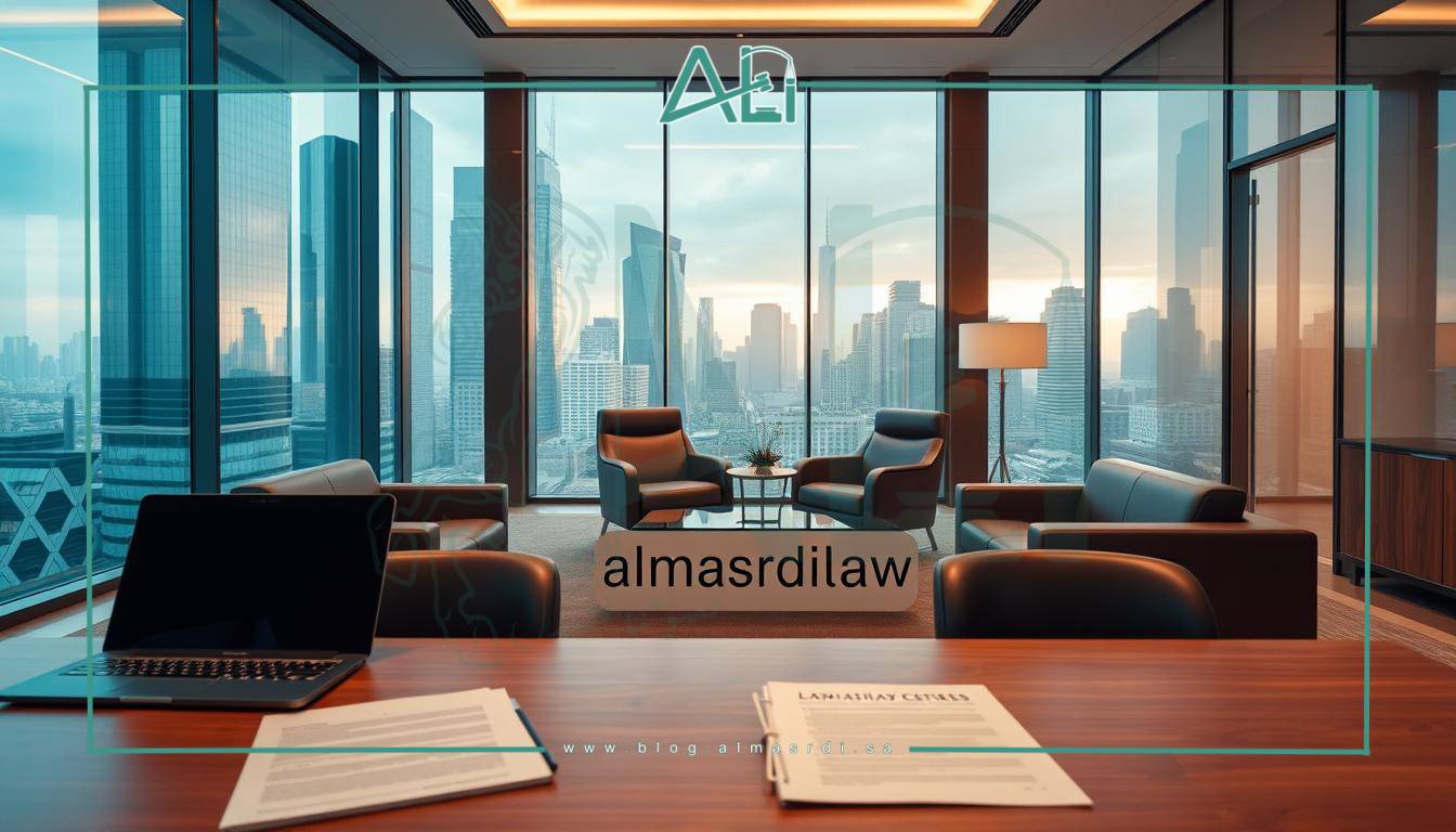 A modern law office interior with sleek, minimalist furniture and floor-to-ceiling windows overlooking a cityscape. The foreground features a large wooden desk, a laptop, and a stack of legal documents. In the middle ground, there are two leather chairs facing each other, suggesting a consultation between a lawyer and a client. The background showcases the city skyline, with tall glass towers and a vibrant, bustling atmosphere. The lighting is soft and warm, creating a professional yet welcoming ambiance. Prominently displayed on the desk is the "almasrdilaw" branding, reflecting the high-quality legal services offered in this establishment.