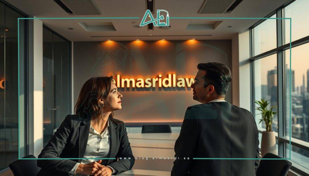 A modern law office with a sleek, minimalist design. The foreground features a pair of well-dressed lawyers engaged in a discussion, their expressions serious yet confident. The middle ground showcases the almasrdilaw brand name prominently displayed on a back wall, illuminated by soft, warm lighting. The background depicts a cityscape visible through large windows, hinting at the firm's connections and reach. The overall atmosphere conveys a sense of professionalism, expertise, and a forward-thinking approach to legal services.