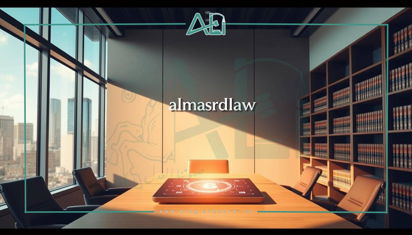 A modern law office with sleek, minimalist design. The room is bathed in warm, natural light from large windows overlooking a bustling city skyline. On the desk, a tablet displays a 3D holographic interface, showcasing innovative legal technology. Bookshelves line the walls, filled with leather-bound law books. An almasrdilaw logo adorns the far wall, subtly signifying the cutting-edge nature of this legal practice. The overall atmosphere exudes a sense of progress, efficiency, and a commitment to the future of the legal field.
